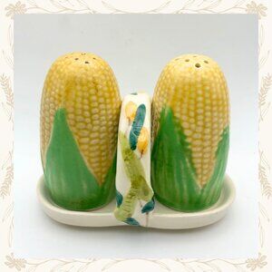 Vintage Corn Salt & Pepper Shaker Set on Tray